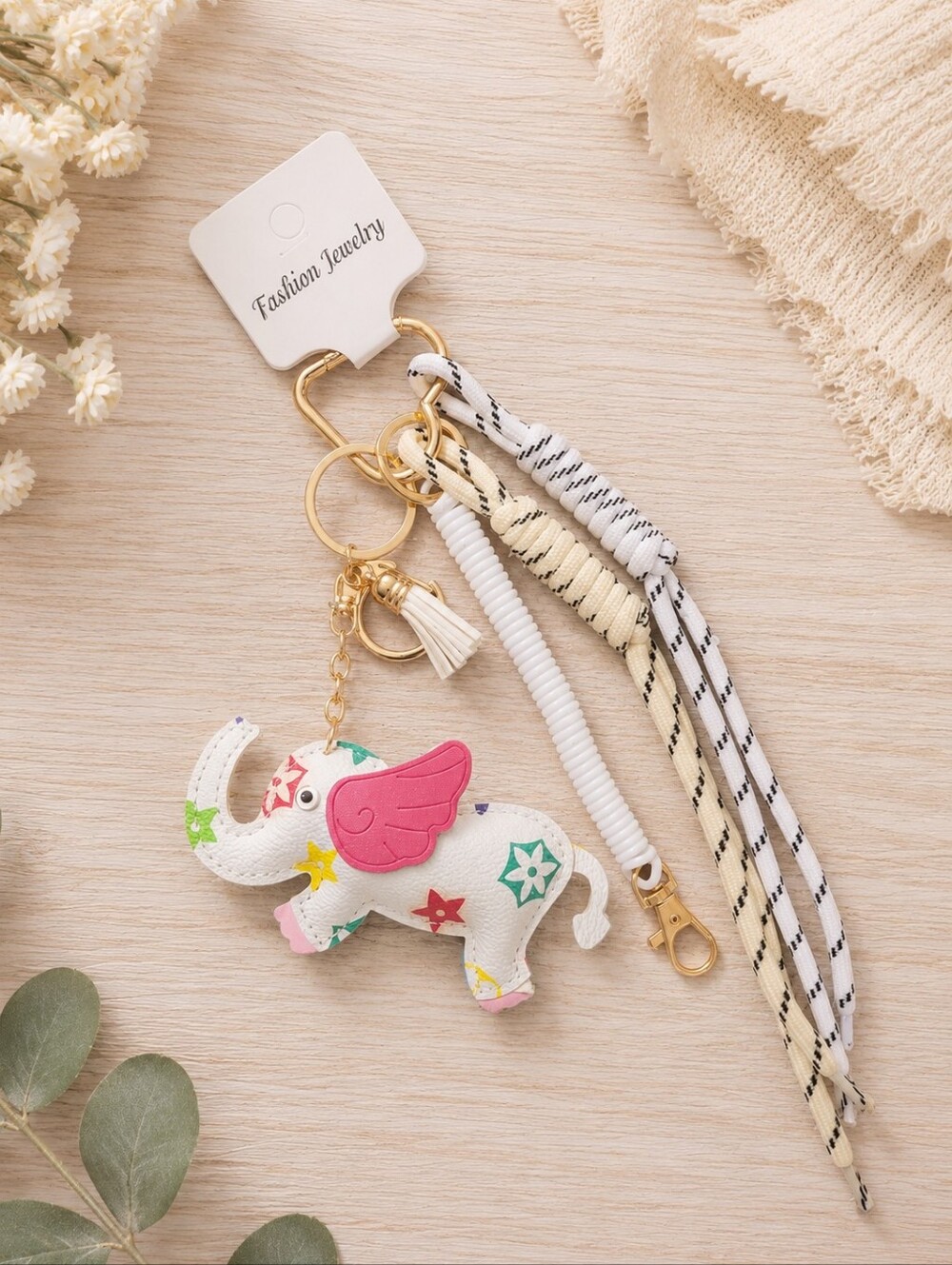 Fashion Jewelry White Elephant Bag Charm with Pink Wing and Colorful Stars